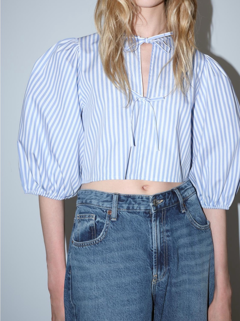 Zara Striped Puff-Sleeve Cropped Tie-Neck Top - Blue/White